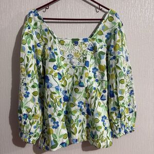 Plant Floral Lemon Cottage Fairy Embroidered Puff Sleeve Square Neck Y2K Top XS